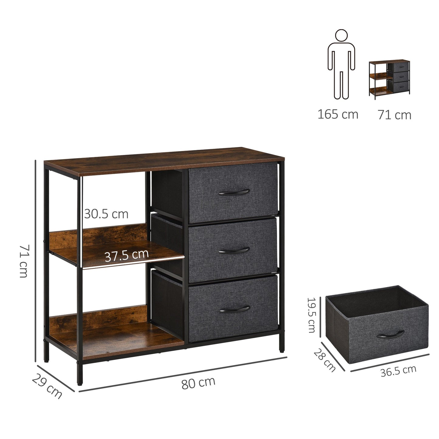 HOMCOM Chest of Drawers Storage Dresser Cabinet Organizer with 3 Fabric Drawers and 2 Display Shelves for Living Room, Bedroom, Hallway, Black