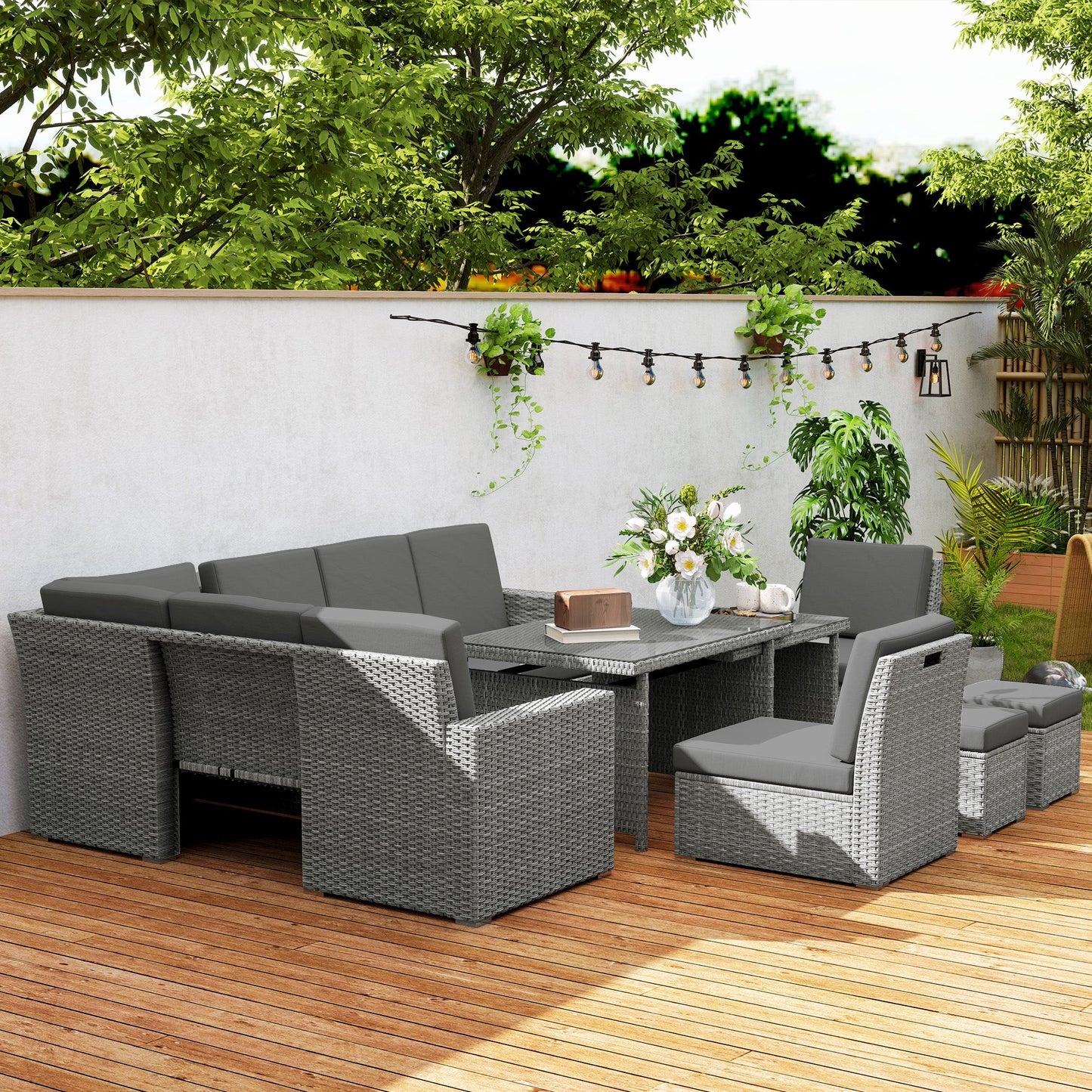 Outsunny Seven-Piece Rattan Garden Sofa Set, with Expanding Table - Light Grey