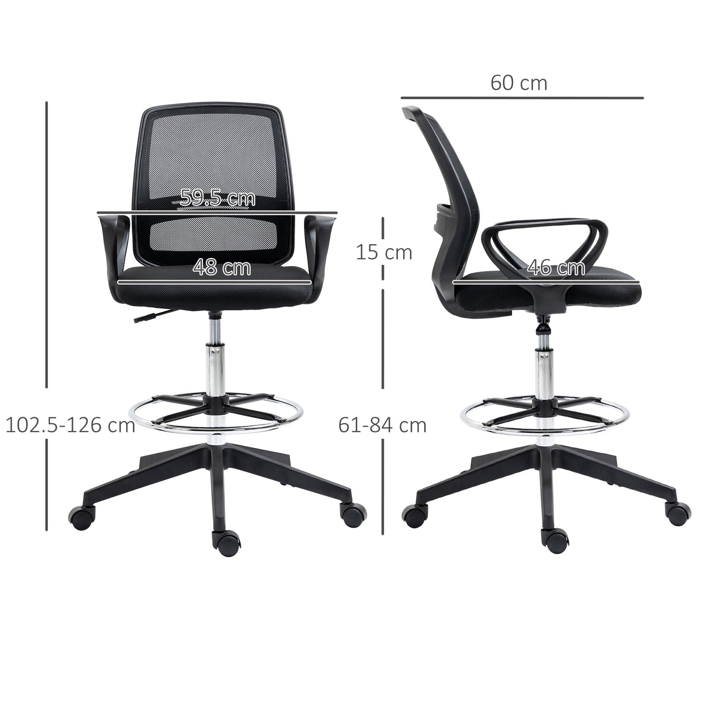 Vinsetto Ergonomic Mesh Back Drafting Chair, Tall Office Chair, Draughtsman Chair with Adjustable Height and Footrest 360√Ç¬∞ Swivel, Black