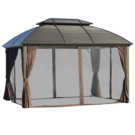 Outsunny 3.65 x 3(m) Hardtop Steel Gazebo Canopy for Patio Heavy Duty Outdoor Pavilion with Aluminium Alloy Frame, Double Roof, Net Sidewalls and Curtains, Brown