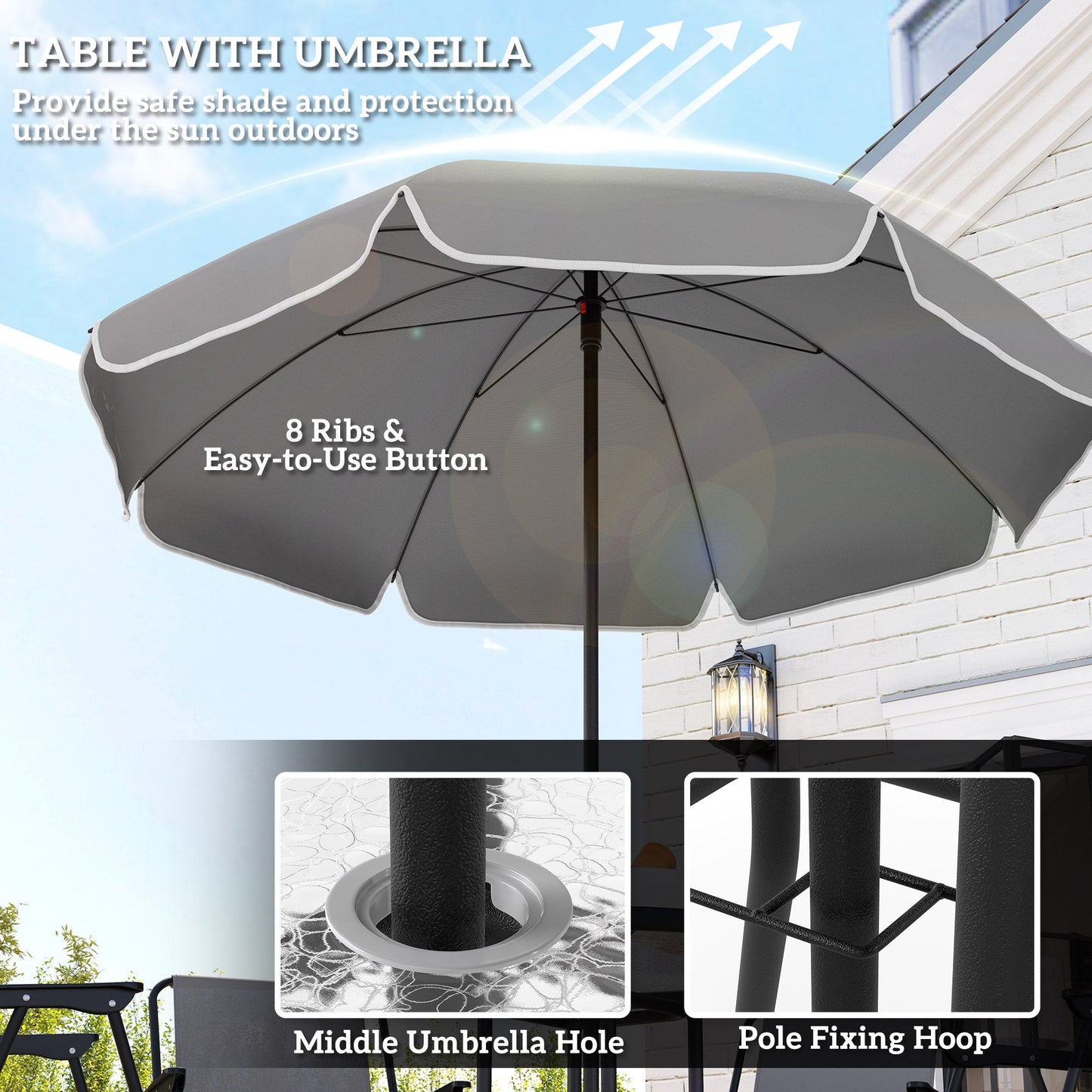 Outsunny 4 Seater Garden Furniture Set, 6 Pieces Garden Table and Chairs with Parasol, Outdoor Garden Dining Set with Folding Chairs and Round Glass Top Table for Patio, Grey