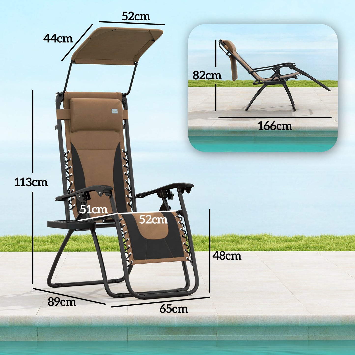 Outsunny Zero Gravity Lounger Chair Set of 2, Folding Reclining Patio Chair with Shade Cover, Cup Holder, Soft Cushion and Headrest for Poolside, Camping, Brown