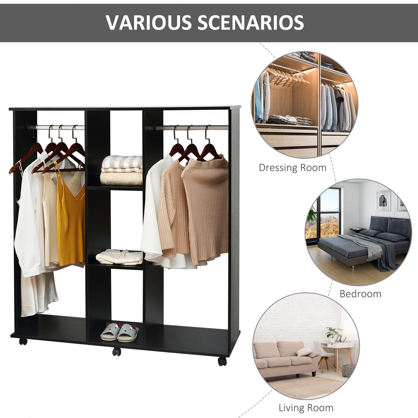 HOMCOM Double Open Wardrobe on Wheels, Bedroom Wardrobe with Clothes Hanging Rails, 3 Storage Shelves, Mobile Garment Rack for Cloakroom, Hallway, Black