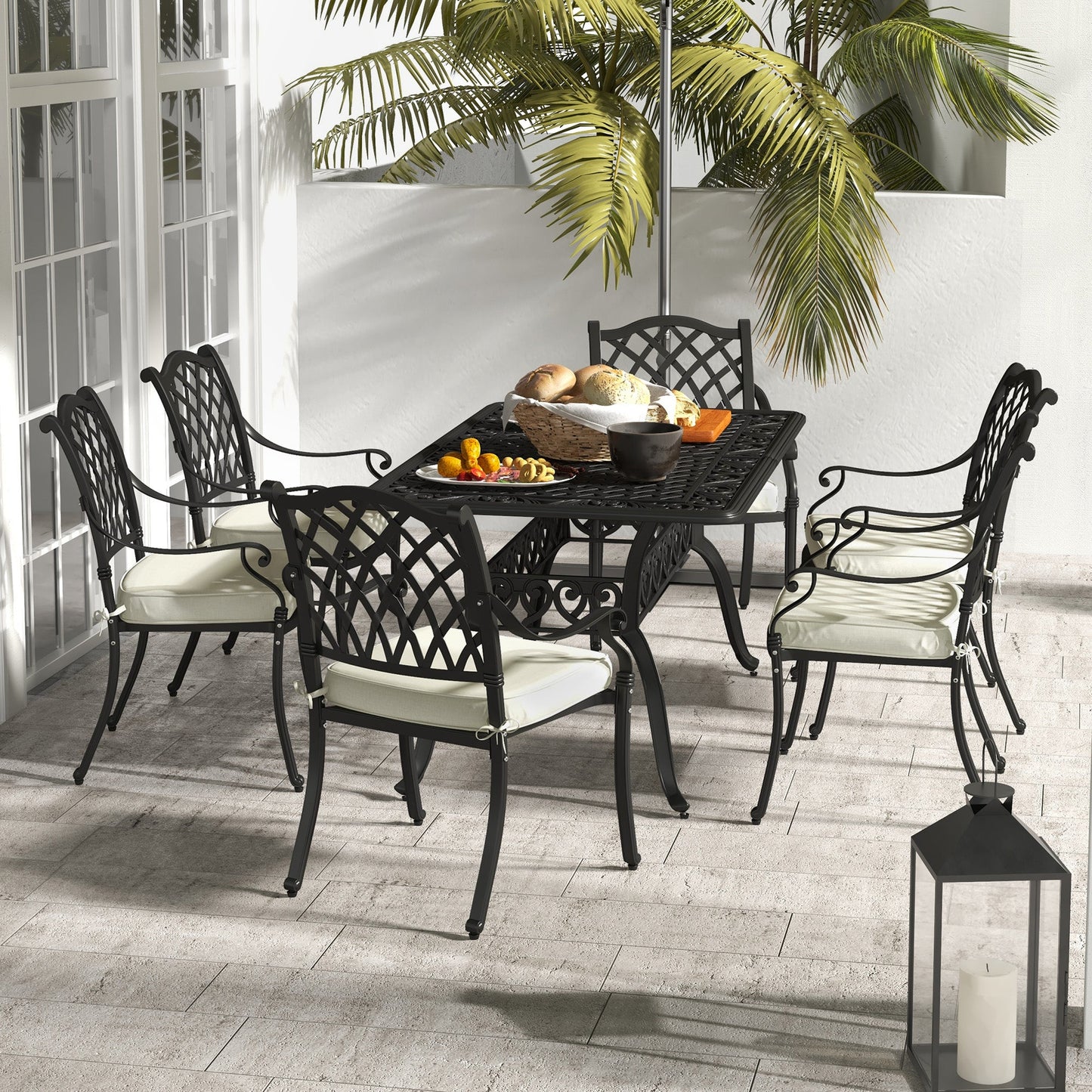 Outsunny 7 Pieces Aluminium Patio Dining Set with Umbrella Hole Black