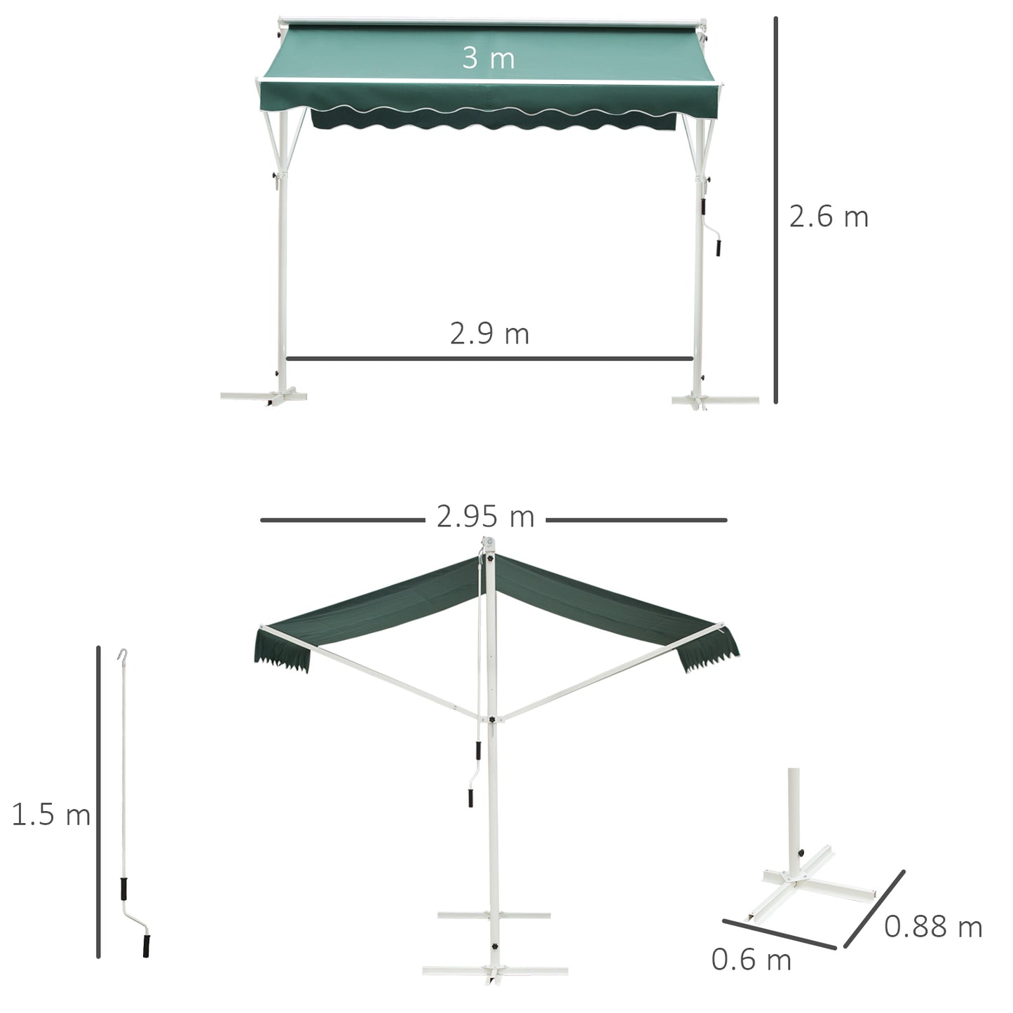 Outsunny 300 x 300CM 2 Side Free Standing Manual Awning Canopy Patio Garden Outdoor Sun Shade Shelter w/Winding Handle (Green)