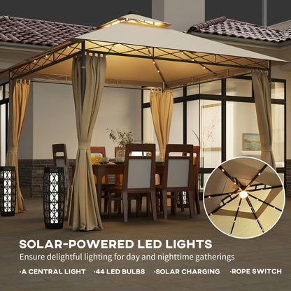 Outsunny 3 x 3 m Garden Gazebo, Double Roof Metal Gazebo with Curtains and Solar-Powered LED Lights, Outdoor Gazebo Canopy Shelter for Patio, Deck, Beige