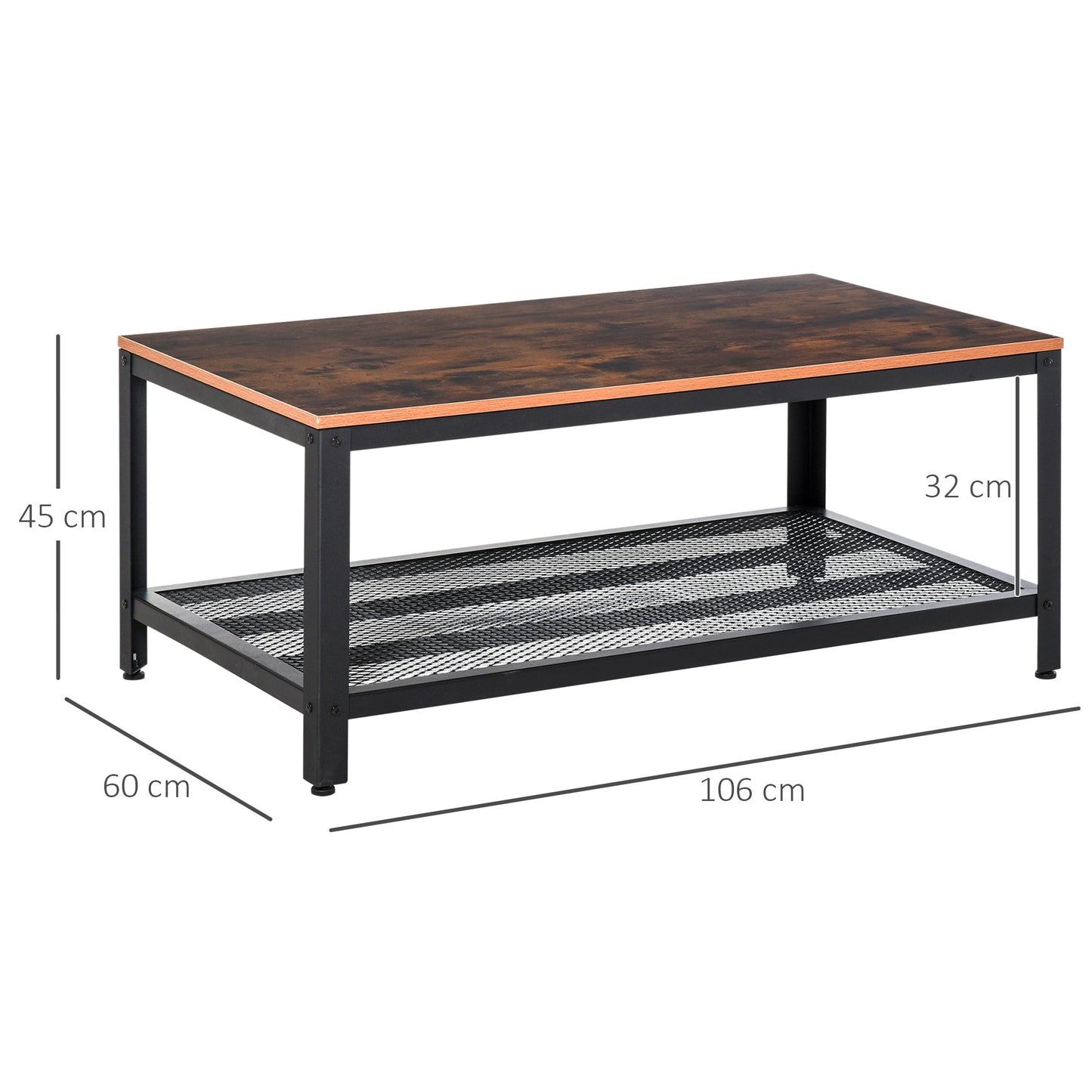 HOMCOM Coffee Table Industrial Side Table Living Room Table with Storage Shelf and Metal Frame for Home Office, 106L x 60W x 45Hcm