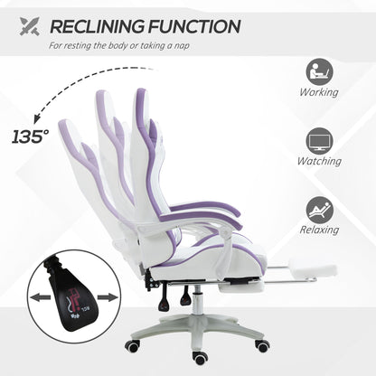 Vinsetto Computer Gaming Chair, PU Leather Desk Chair with Footrest, Swivel Task Chair with 135√Ç¬∞ Reclining Back and Lumbar Support, PC Chair for Adults, White and Purple