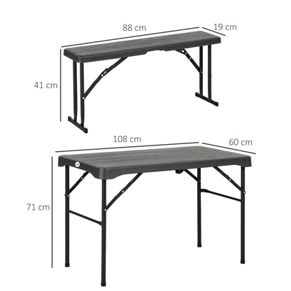 Outsunny Folding Picnic Table with 2 Benches, 3-Piece Portable Garden Furniture Set for 4, Dining Table Set with Plastic Top, Steel Frame, Dark Grey