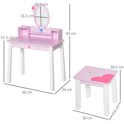 HOMCOM Kids Wooden Dressing Table and Stool Make Up Desk (Pink)