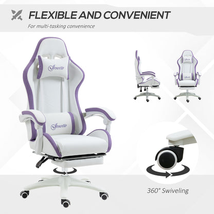 Vinsetto Computer Gaming Chair, PU Leather Desk Chair with Footrest, Swivel Task Chair with 135√Ç¬∞ Reclining Back and Lumbar Support, PC Chair for Adults, White and Purple