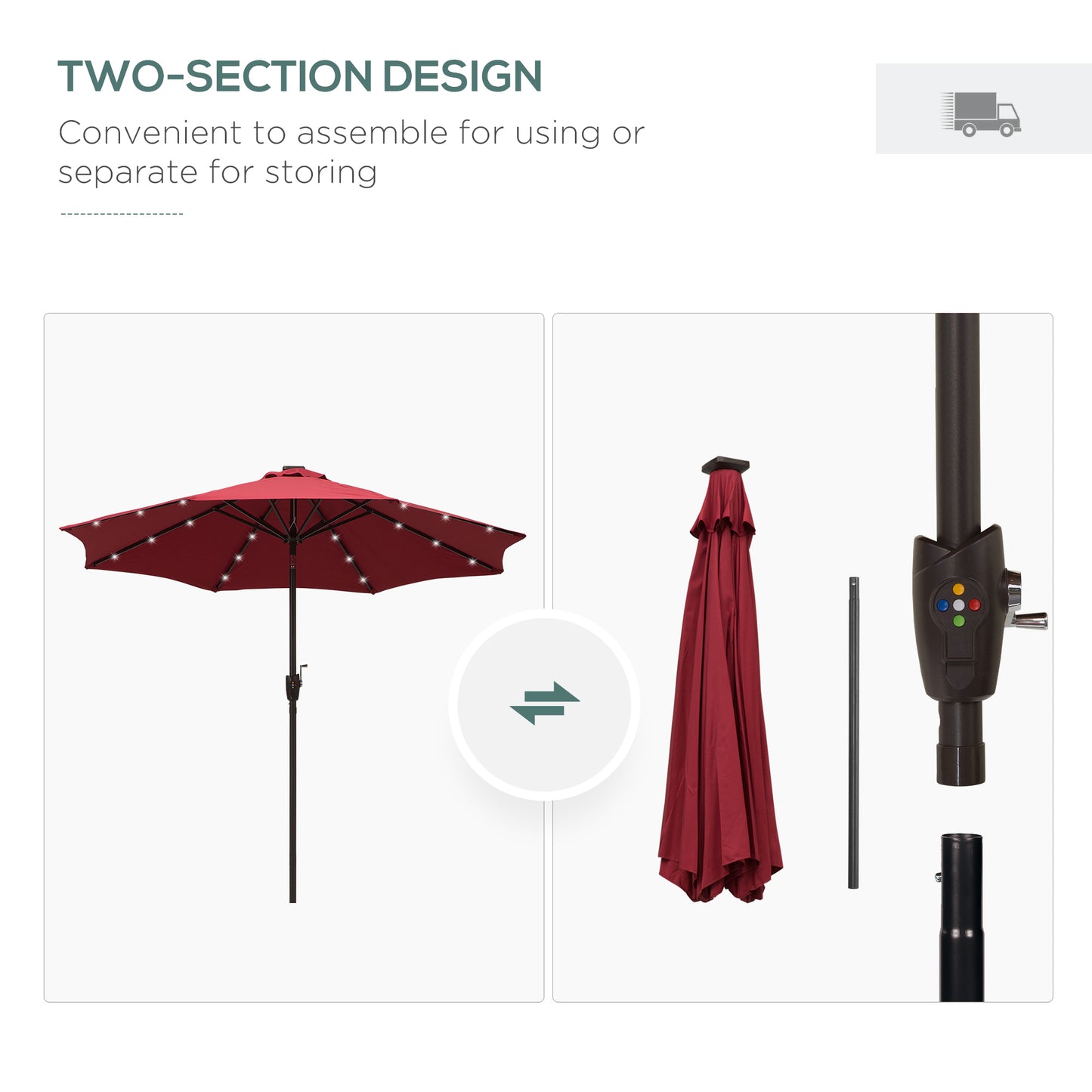 Outsunny √é¬¶2.7m Garden 24 LED Light Parasol Solar Outdoor Tilt Sun Umbrella Patio Club Party Event Manual Sun Shade w/ Hand Crank and 8 Ribs, Red