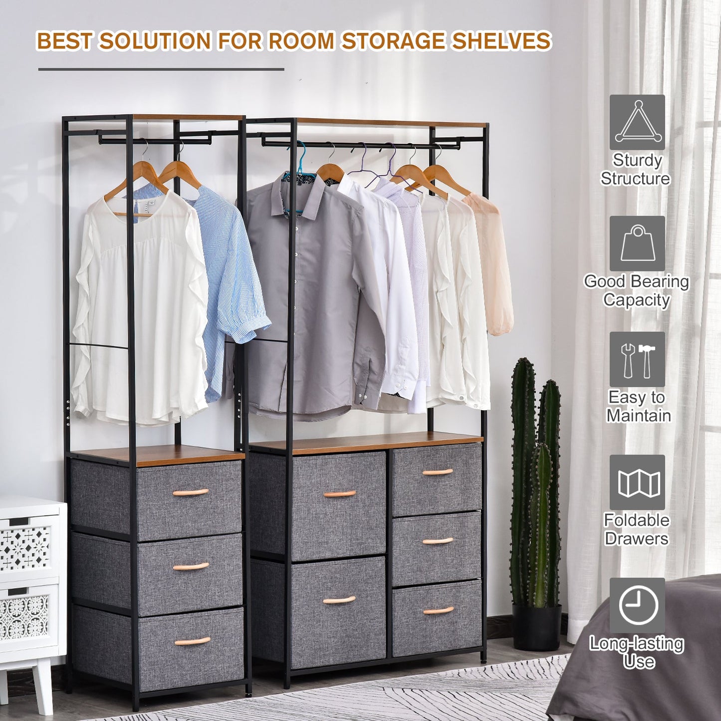 HOMCOM Coat Rack with 3 Drawers Storage Rack with Steel Frame for Bedroom Hallway Home Furniture Grey