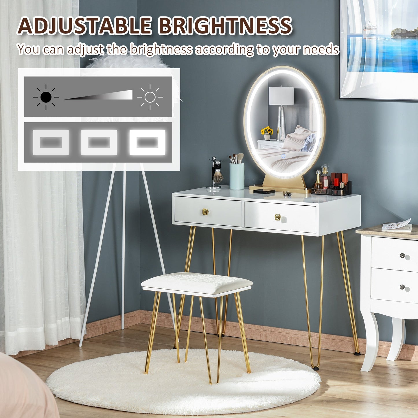 HOMCOM Dressing Table Set with LED Light, Round Mirror, Vanity Makeup Table with 2 Drawers and Cushioned Stool for Bedroom, White