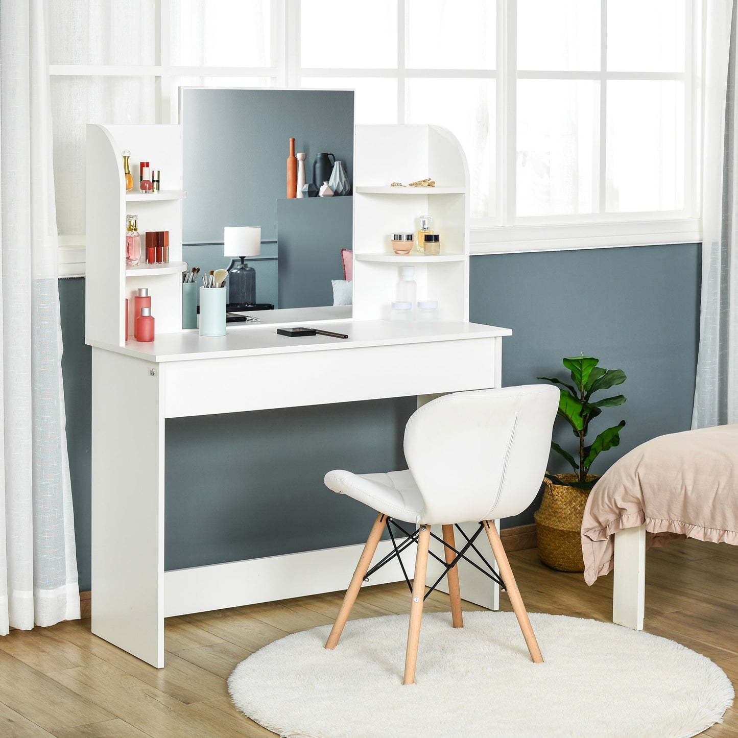 HOMCOM Modern Dressing Table Writing Desk W/ Mirror, Big Drawers, 2-Tier Open Shelf For Home Bedroom White