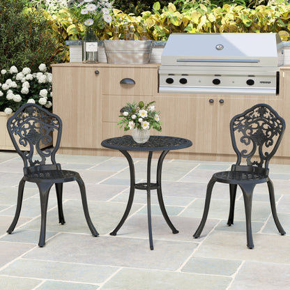 Outsunny 3 Piece Cast Aluminium Garden Bistro Set for 2 with Parasol Hole, Outdoor Coffee Table Set, Two Armless Chairs and Round Coffee Table for Balcony, Patio, Black