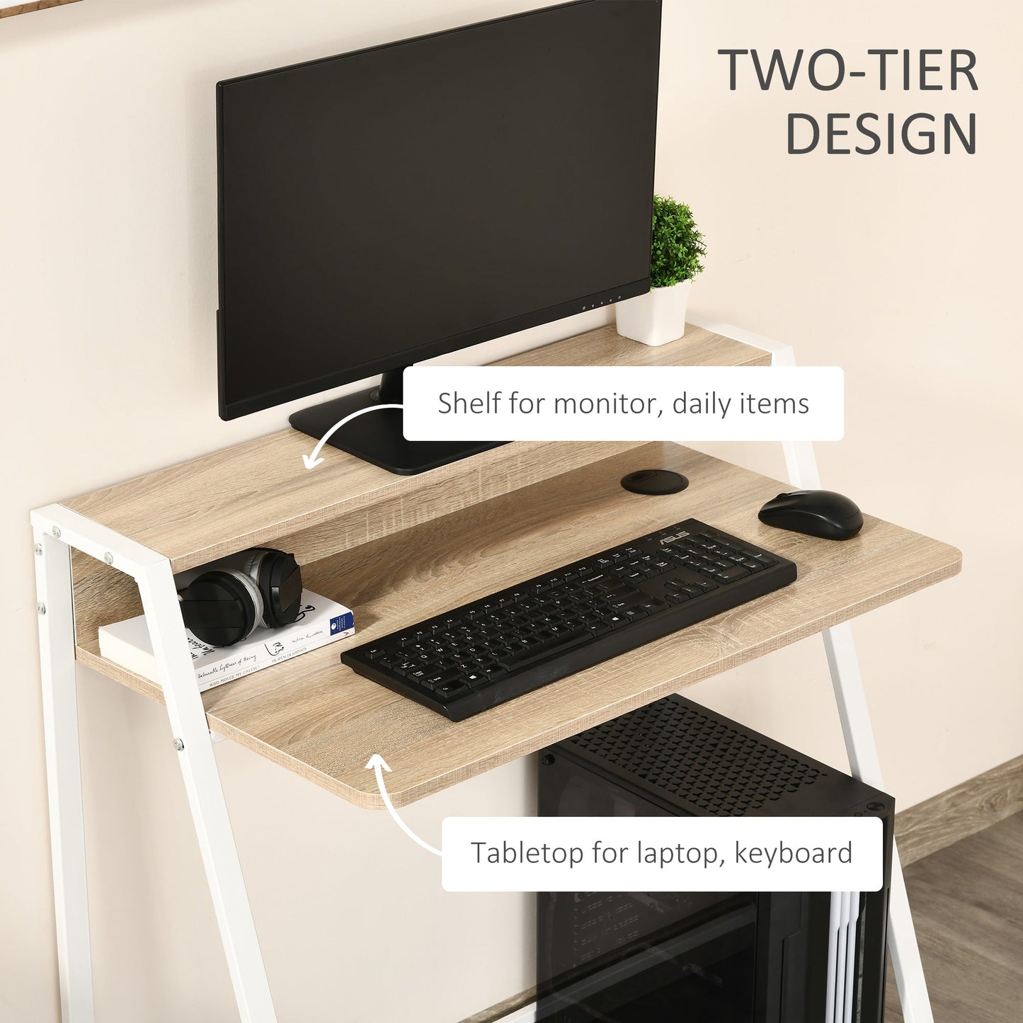 HOMCOM Writing Desk Computer Table Home Office PC Laptop Workstation Storage Shelf 84L x 45W cm White and Oak