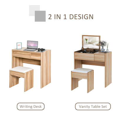 HOMCOM Makeup Desk with Drawer, Vanity Table Set with Flip-up Mirror and Cushioned Stool, Natural