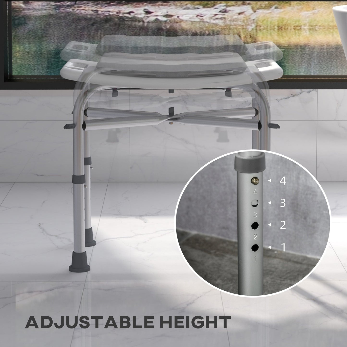 HOMCOM Aluminium Shower Stool for Elderly, Height Adjustable Shower Seat with Removable Padded Cushion, Shower Head Holder, Non-Slip Bath Stool for Seniors, Disabled, Pregnant, White