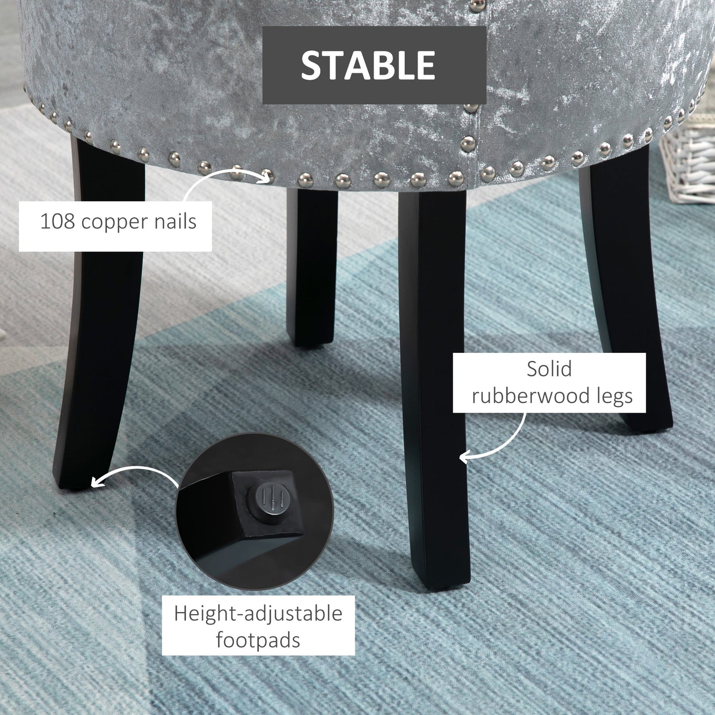 HOMCOM Dressing Table Stool with Rubber Wood Legs, Ice Velvet Vanity Stool for Living Room Bedroom, Grey