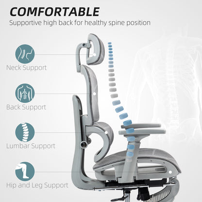 HOMCOM Executive Office Chair, Ergonomic Mesh High Back Desk Chair with Lumbar Support, Reclining Function, Swivel Computer Chair with 3D Armrest, Headrest, Footrest, Grey