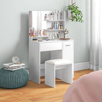 HOMCOM Dressing Table with Mirror and Stool, Vanity Table, Modern Makeup Desk with Drawer, Storage Cabinet and Adjustable Shelf for Bedroom, White