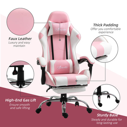 Vinsetto Pink Computer Gaming Chair, Desk Chair with 135√Ç¬∞ Reclining Back and Retractable Footrest, Adjustable PU Leather Lumbar Support and Headrest, Steel Base for Adults, Girls