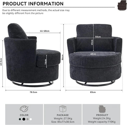 Chenille Swivel Recliner with Back Cushion and Thick Foam Pad, Faux Leather Adjustable Manual Swivel Base, Upholstered with Wooden Frame, 360° Swivel, 78.5x83x86 cm, Dark Grey