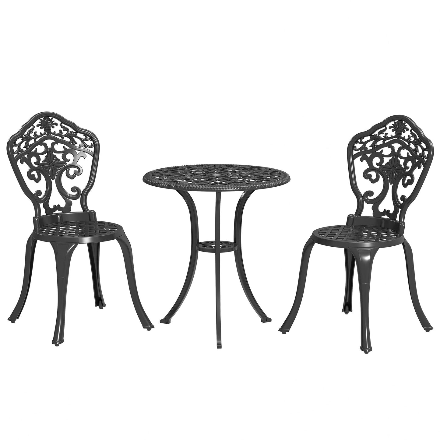 Outsunny 3 Piece Cast Aluminium Garden Bistro Set for 2 with Parasol Hole, Outdoor Coffee Table Set, Two Armless Chairs and Round Coffee Table for Balcony, Patio, Black