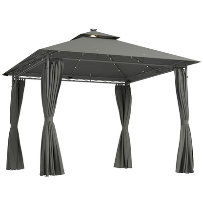 Outsunny 3 x 3 m Garden Gazebo, Double Roof Metal Gazebo with Curtains and Solar-Powered LED Lights, Outdoor Gazebo Canopy Shelter for Patio, Deck, Dark Grey