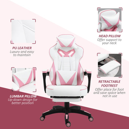 Vinsetto Computer Gaming Chair, Racing Desk Chair with Lumbar Support and Footrest, PU Leather Gamer Chair with Headrest and Swivel Wheels for Home, Pink