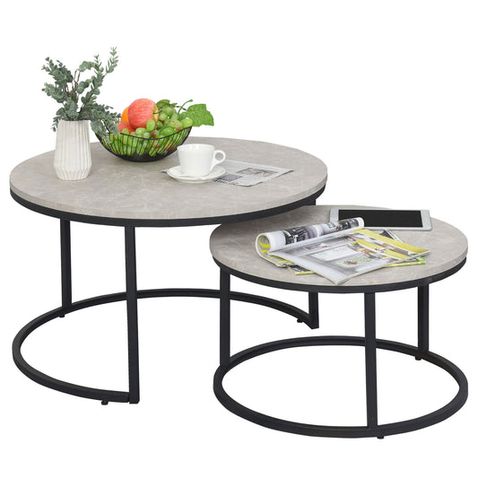 HOMCOM Set of Two Marble-Effect Stacking Tables - Wood Grey