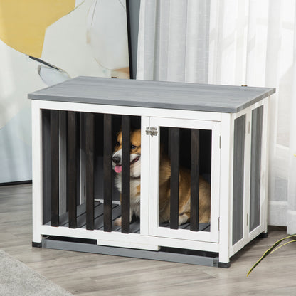 PawHut Wooden Dog Crate Foldable Dog Cage Kennel End Table with Removable Tray for Small Medium Pets Grey 85 x 51 x 61 cm