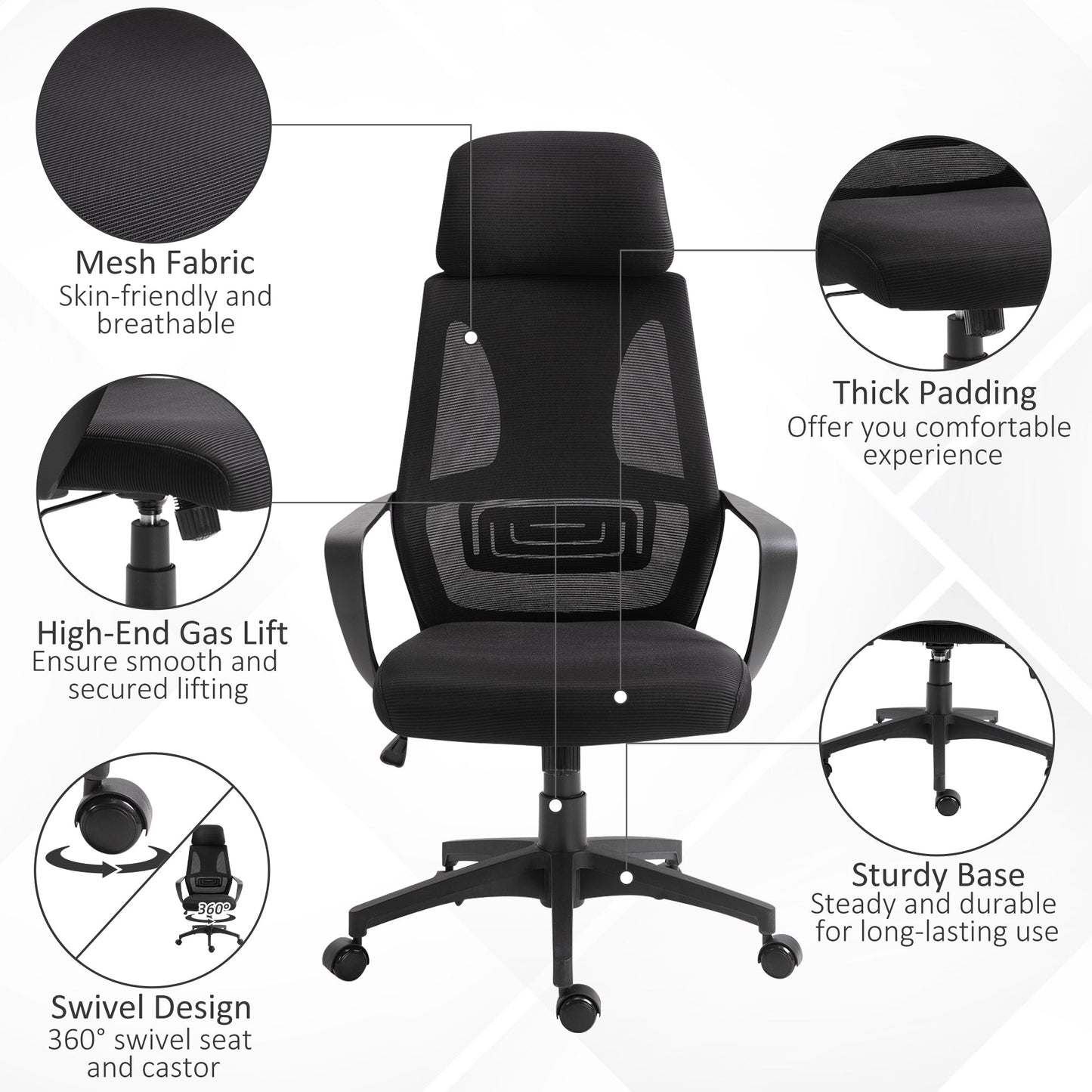 Vinsetto Ergonomic Office Chair, High Back Computer Chair, Mesh Desk Chair with Lumbar Support, Headrest, Wheel, Adjustable Height, Black