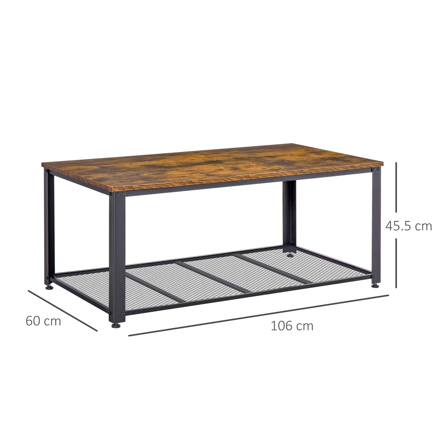 HOMCOM Coffee Table for Living Room, Industrial Centre Table with Mesh Shelf and Steel Frame, 2-tier Low Coffee Table, Rustic Brown