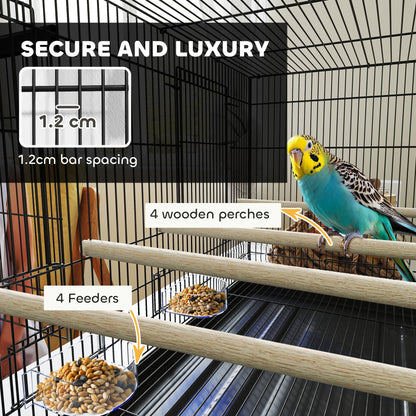 PawHut Bird Cage with Divider, 4 Wooden Perches, Slide Out Tray, 4 Feeders, for Budgie, Lovebird, Canary, 76 x 46 x 46cm, Black