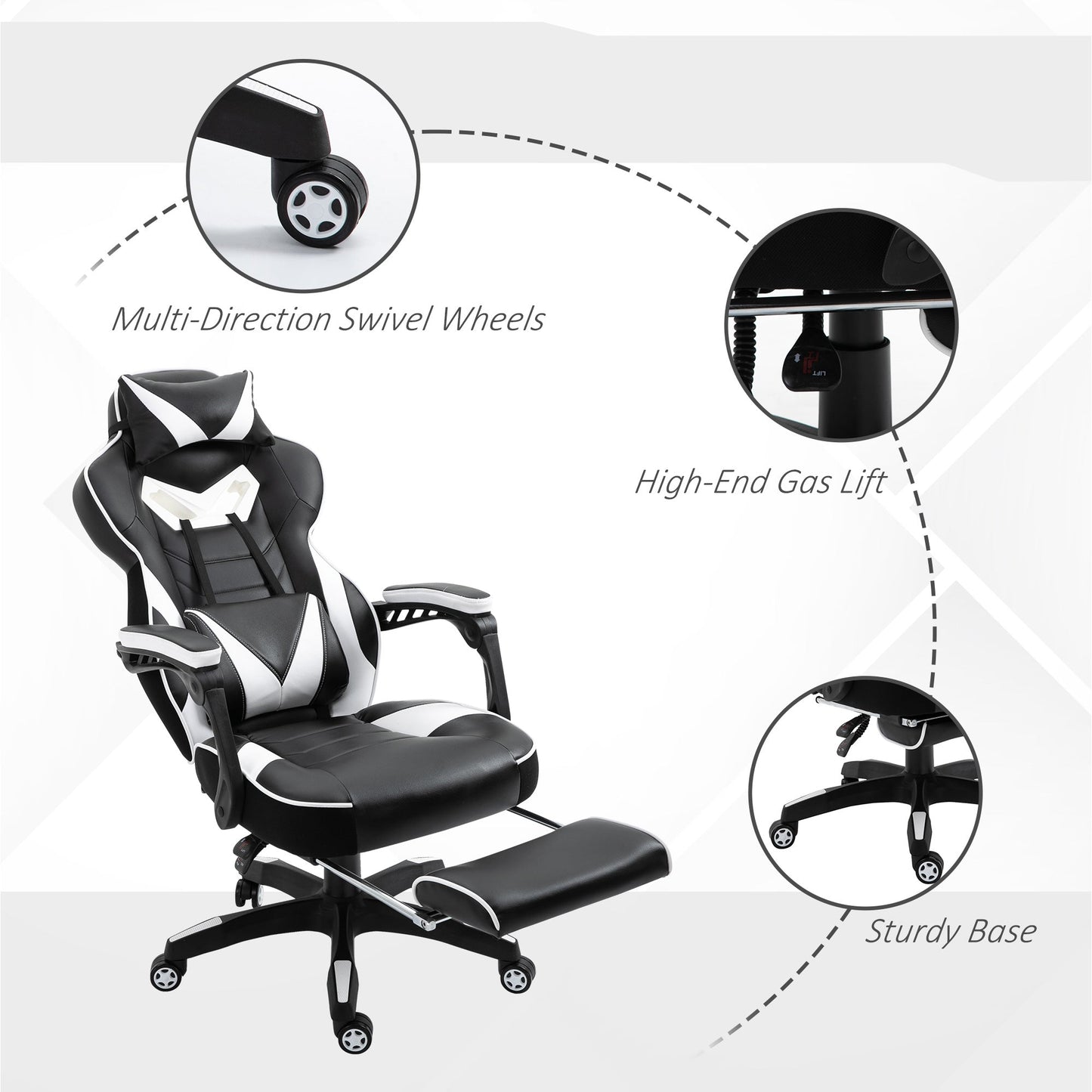 Vinsetto Computer Gaming Chair, Racing Desk Chair with Lumbar Support and Footrest, PU Leather Gamer Chair with Headrest and Swivel Wheels for Home, White