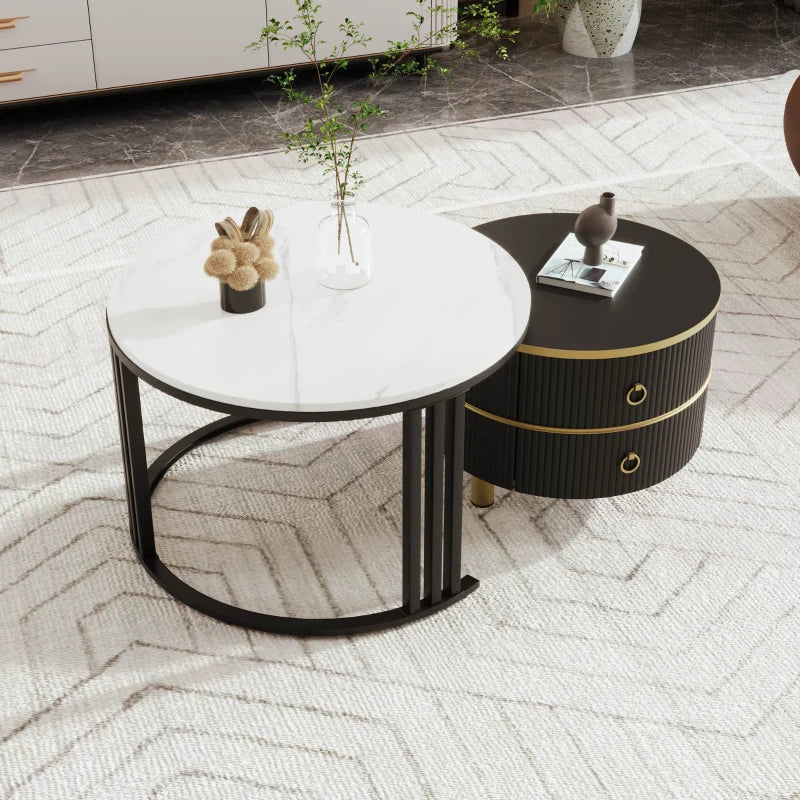 2-in-1 Round Marble Coffee Table Set with Glossy Tops, 2 Drawers, 70x70x46 + 50x50x40 cm, White+Black