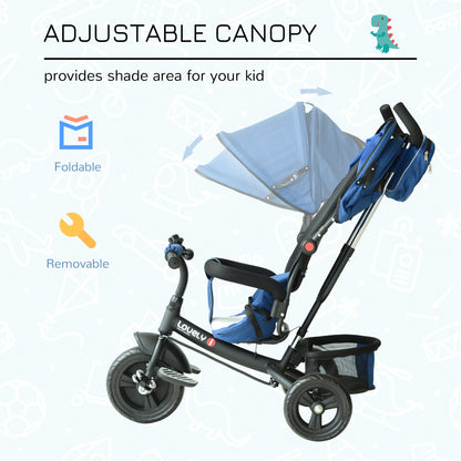 HOMCOM 4 in 1 Tricycle for Kids Toddler Trike with Parent Handle Push Along Pedal Trike Removable Canopy Safety Belt Storage Footrest for 18 Months to 5 Years Blue