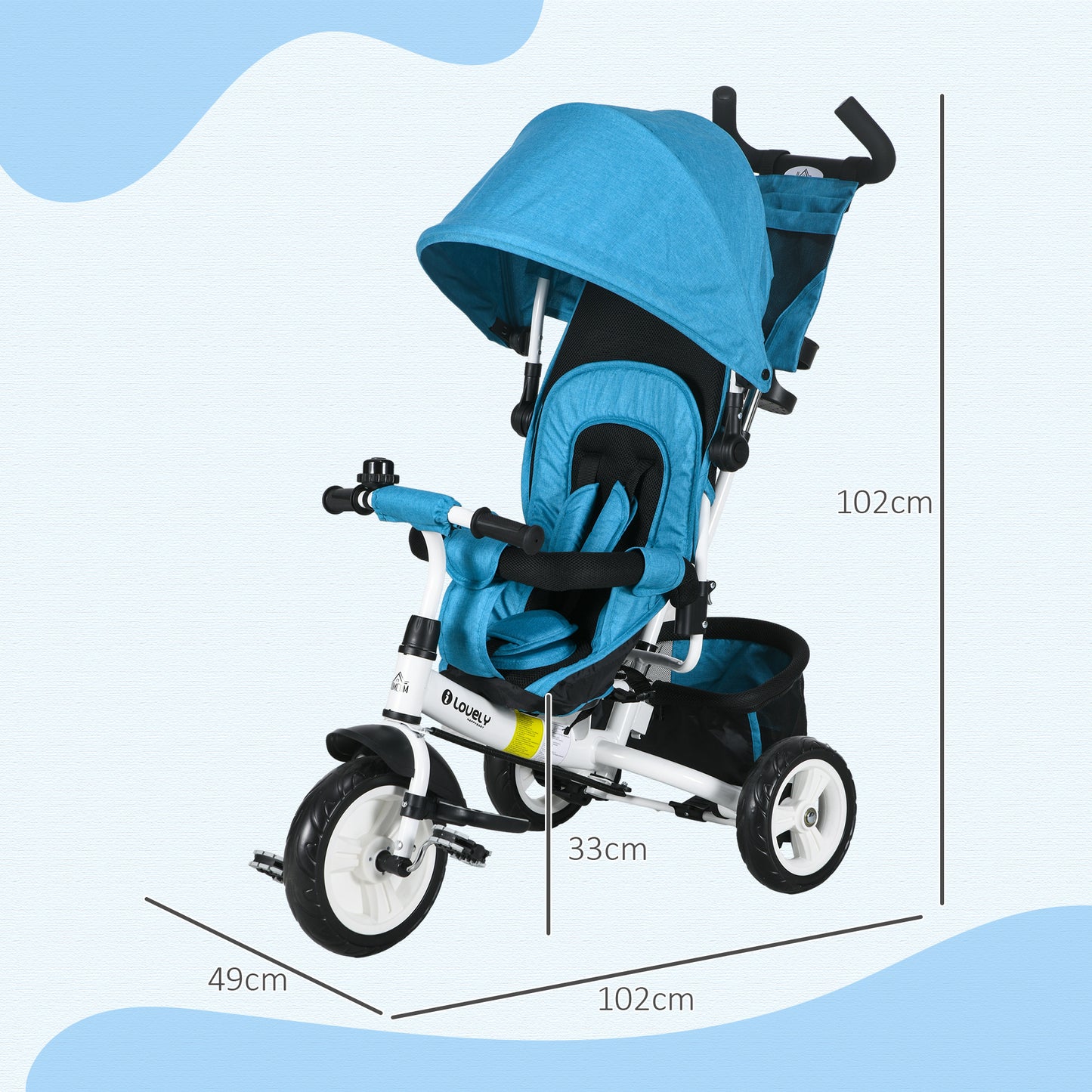 HOMCOM 6 in 1 Kids Trike with Parent Handle, Canopy, 5-point Safety Belt, Storage, Footrest, Brake, for 1-5 Years, Blue