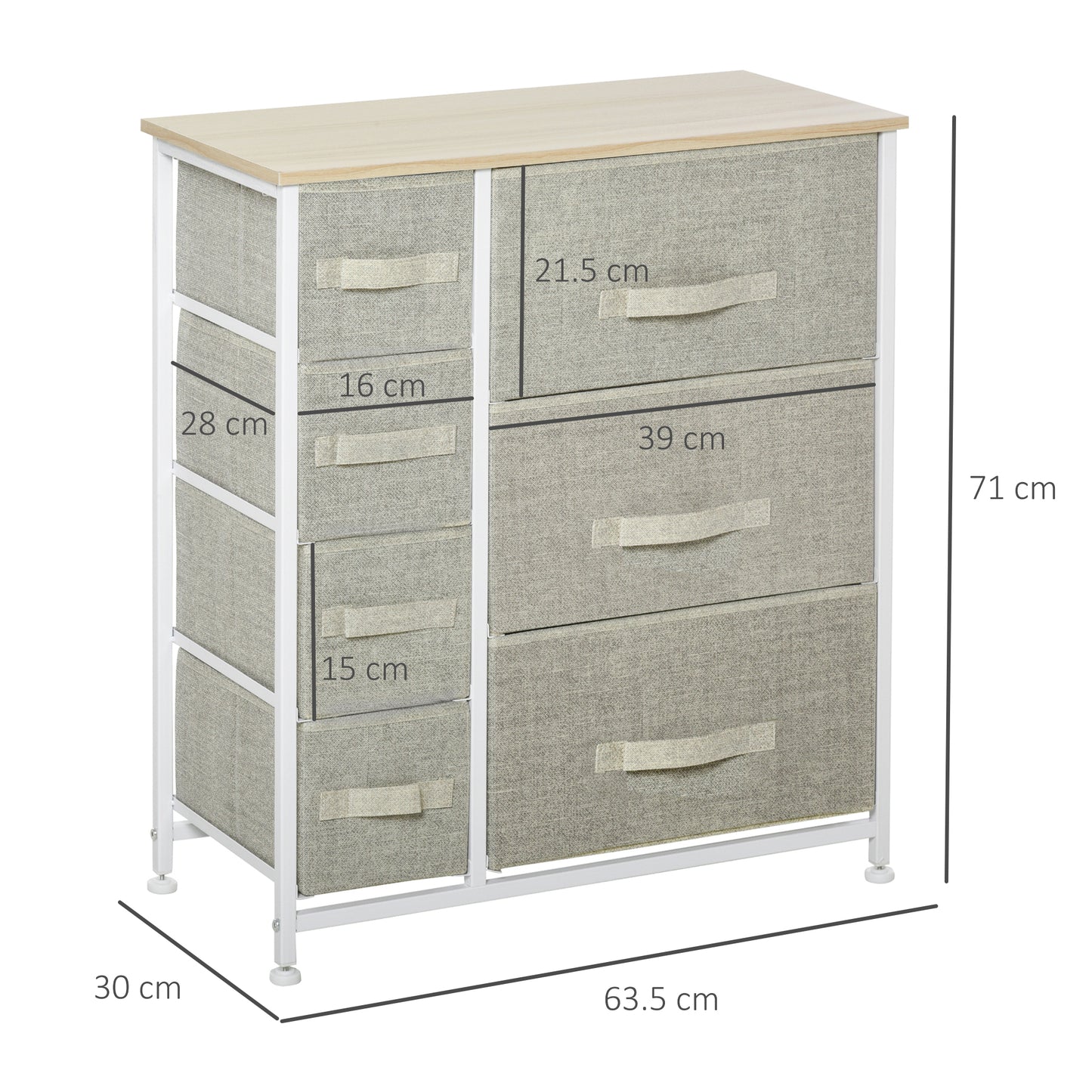 HOMCOM Vertical 7 Linen Drawers Cabinet Organizer Storage Dresser Tower with Metal Frame Adjustable Feet for Living Room, Bathroom, Kitchen, White, Oak and Light Grey