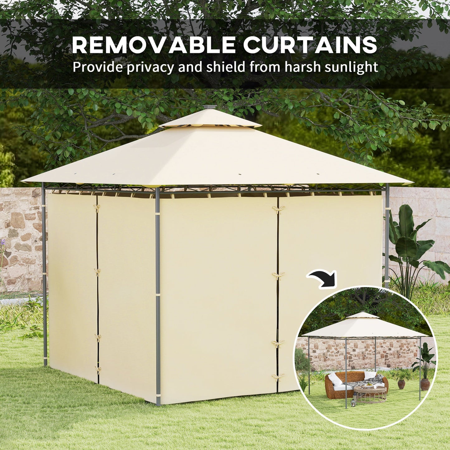 Outsunny 3 x 3 m Garden Gazebo, Double Roof Metal Gazebo with Curtains and Solar-Powered LED Lights, Outdoor Gazebo Canopy Shelter for Patio, Deck, Beige