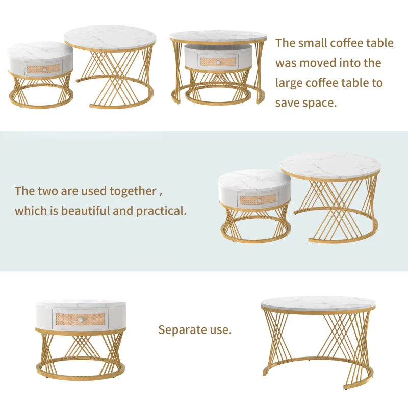 2-in-1 Marble Coffee Table Set with Marble Grain Veneer Top, Rattan Drawers, and Solid Wood Handles, Gold Iron Legs, 70x70x45.5 cm + 50x50x38.5 cm, White+Gold