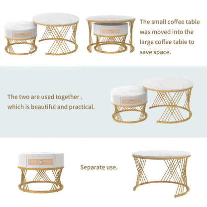 2-in-1 Marble Coffee Table Set with Marble Grain Veneer Top, Rattan Drawers, and Solid Wood Handles, Gold Iron Legs, 70x70x45.5 cm + 50x50x38.5 cm, White+Gold