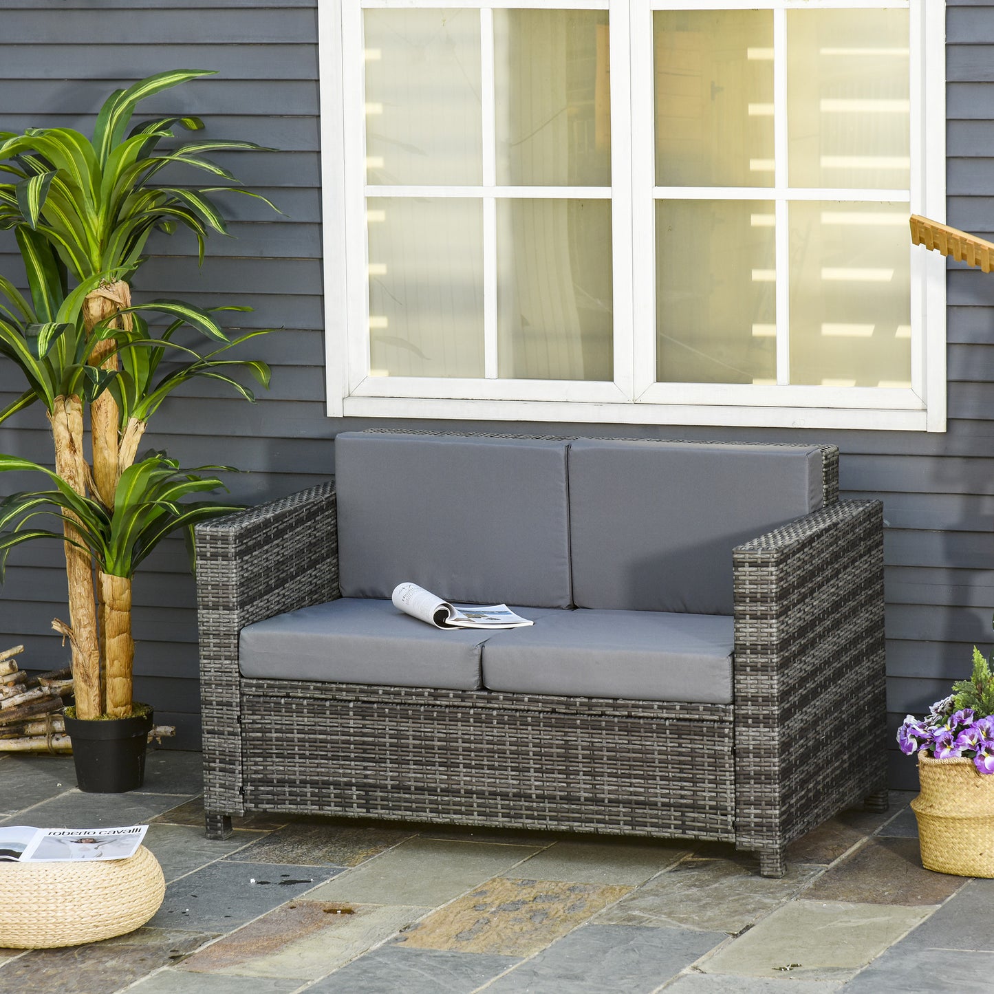 Outsunny Two-Seater Rattan Sofa - Mixed Grey