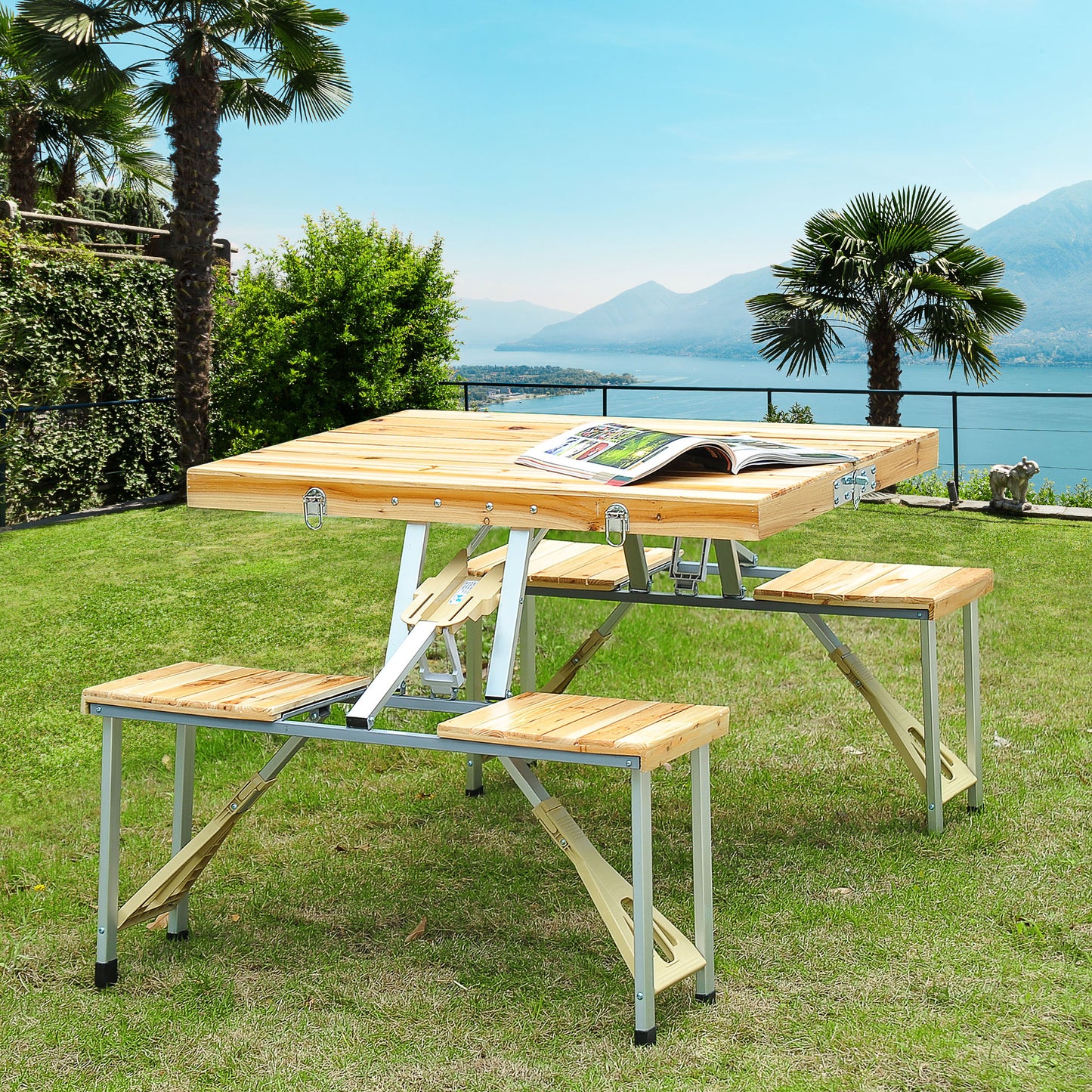 Outsunny Cunninghamia Board Portable Picnic Table Bench Set Natural Wood Color