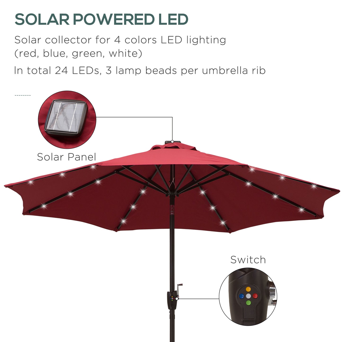 Outsunny √é¬¶2.7m Garden 24 LED Light Parasol Solar Outdoor Tilt Sun Umbrella Patio Club Party Event Manual Sun Shade w/ Hand Crank and 8 Ribs, Red