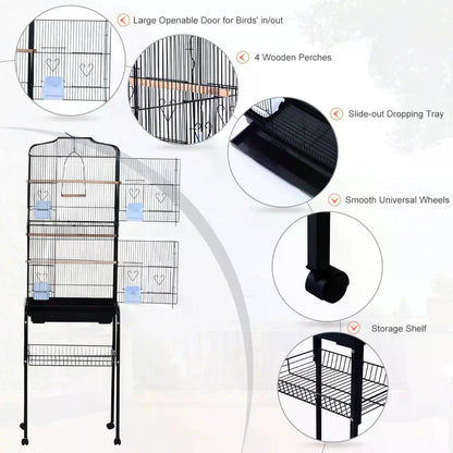 PawHut 153cm Metal Bird Cage Parrot Cage W/Removable Wheels Stand-Black