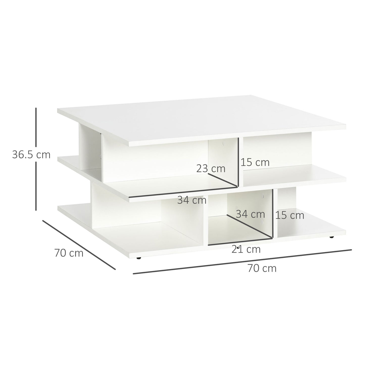 HOMCOM Square Coffee Tables for Living Room, Modern Cocktail Table with Multiple Storage Shelves, 70 x 70 x 36.5 cm, White